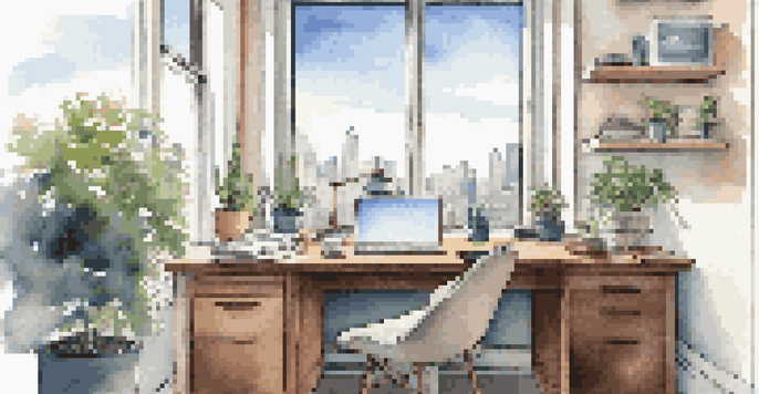 A bright office space with a desk, laptop, notepad, coffee cup, and a view of a city outside a large window.
