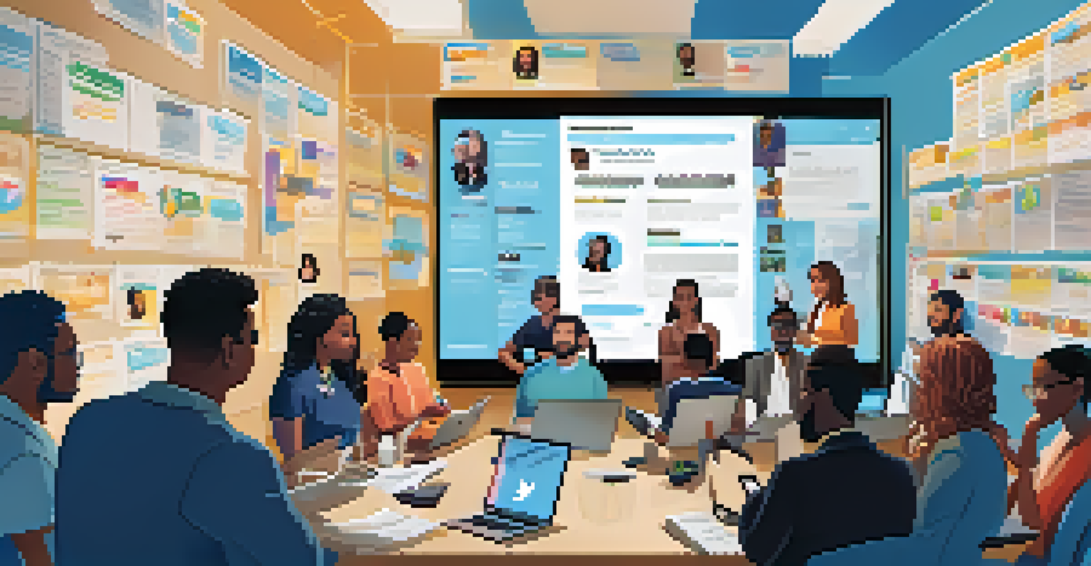 A group of diverse professionals engaging in a live Twitter chat, gathered around a large screen with bright lighting and motivational posters.