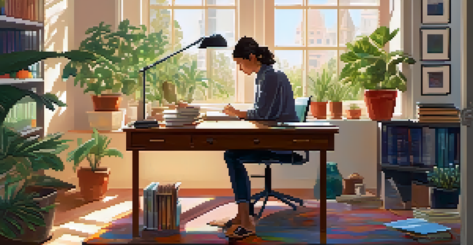 A calm office scene with a person journaling at a desk surrounded by plants, with sunlight streaming through a window.