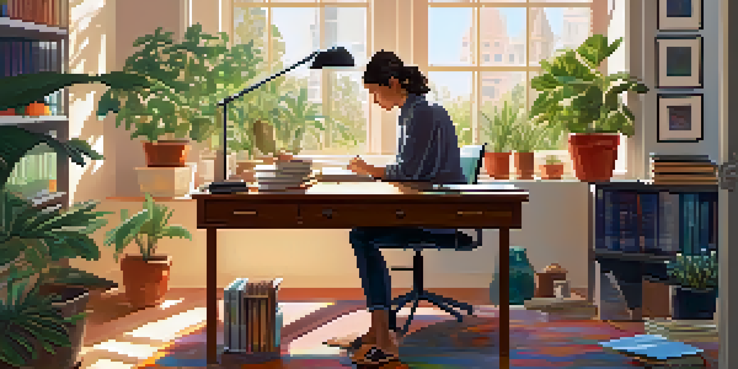 A calm office scene with a person journaling at a desk surrounded by plants, with sunlight streaming through a window.