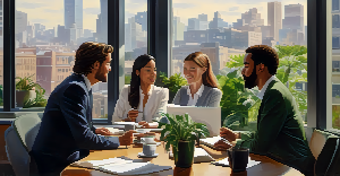 A diverse group of professionals networking in a bright office with plants and a city view.