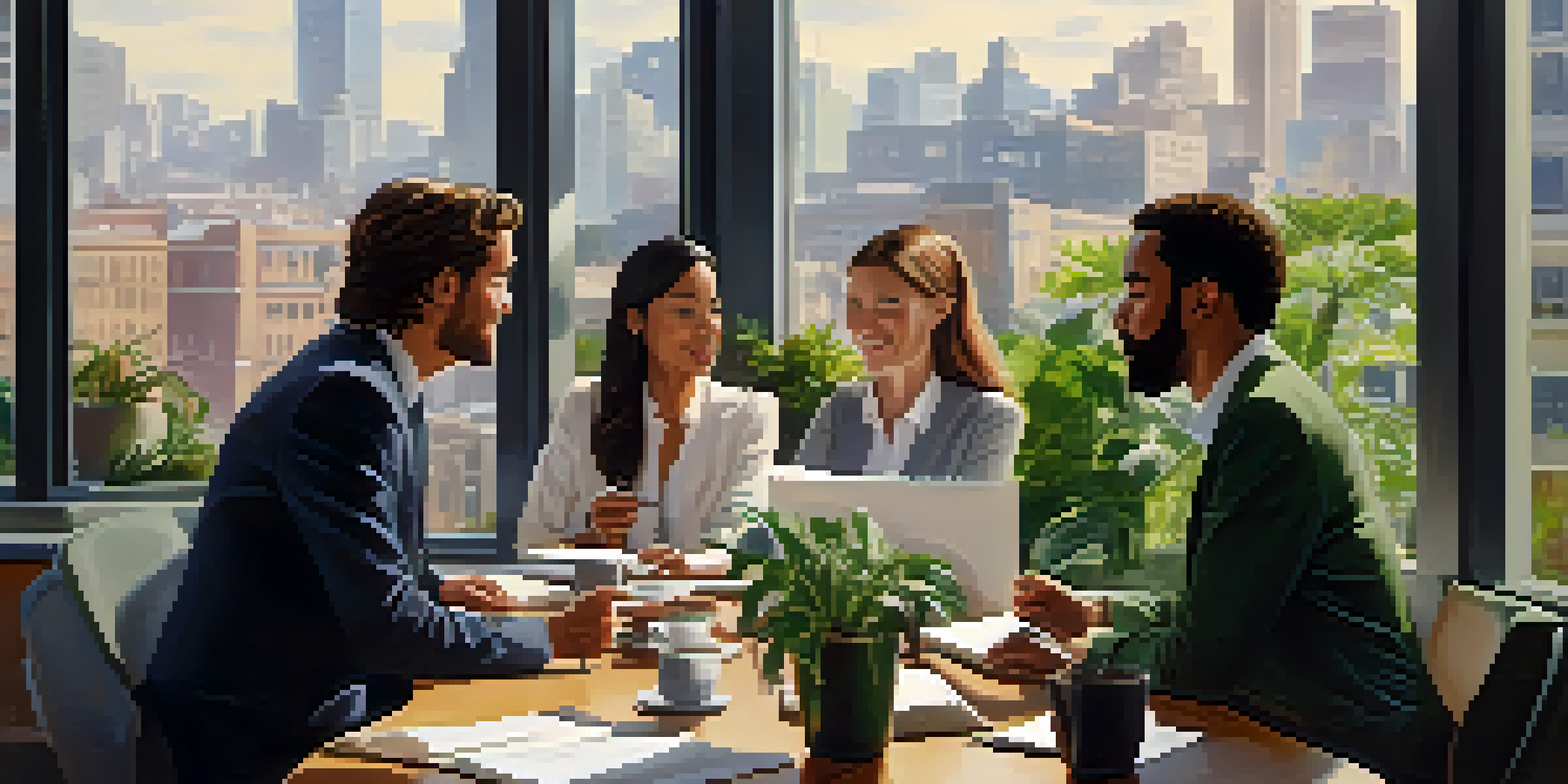 A diverse group of professionals networking in a bright office with plants and a city view.