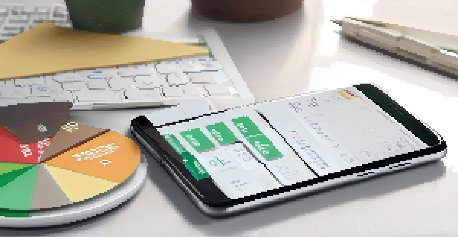 A close-up of a smartphone showing a budgeting app, with a hand swiping through options on a stylish desk.