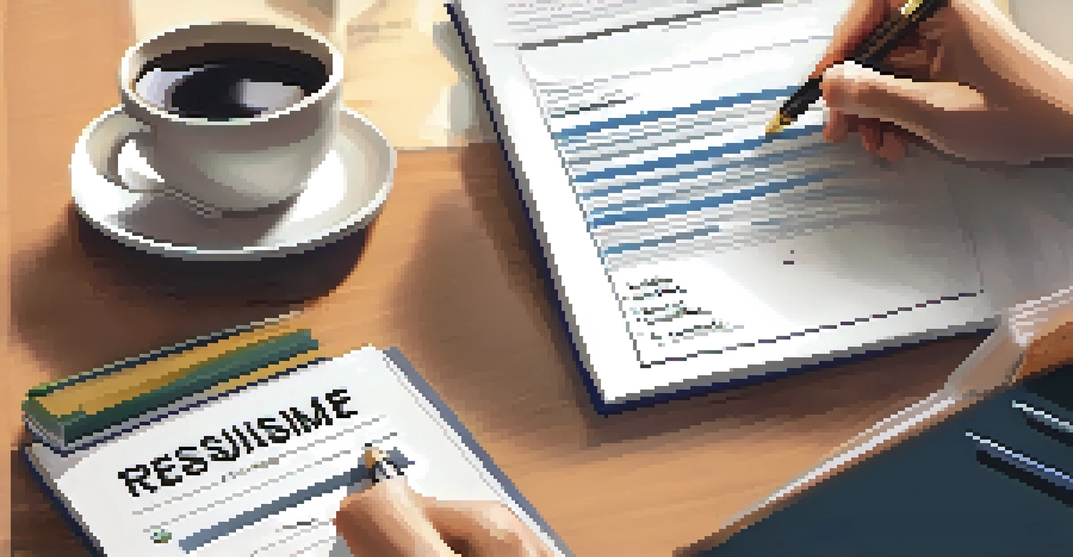 A close-up of a hand writing a resume with a laptop and a cup of tea on an organized desk.