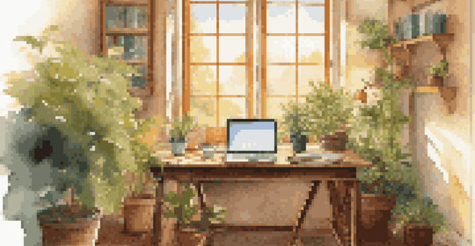 A peaceful office with a view of a garden, featuring a wooden desk with a laptop and a cup of tea, illuminated by warm sunlight.