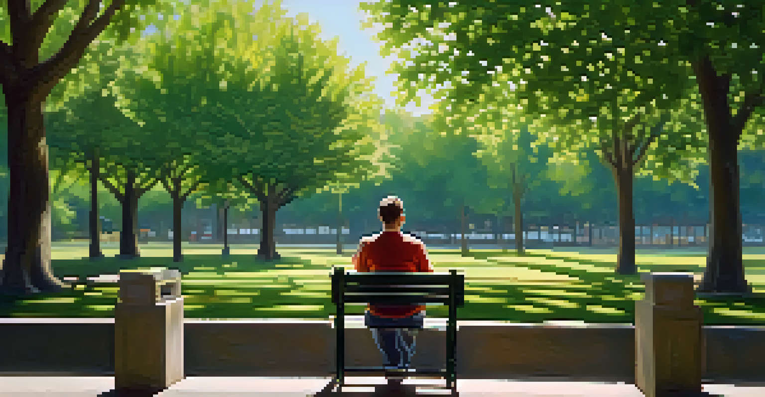 A person sitting on a park bench with a laptop, enjoying a break in a sunny outdoor setting.