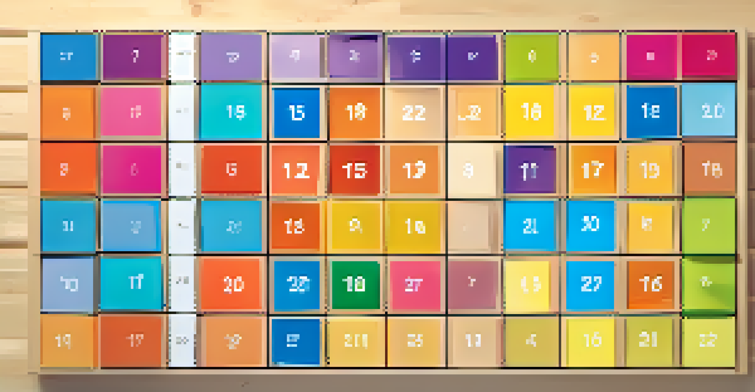 An overhead view of a colorful digital calendar with various time blocks for tasks, set against a light wood background.