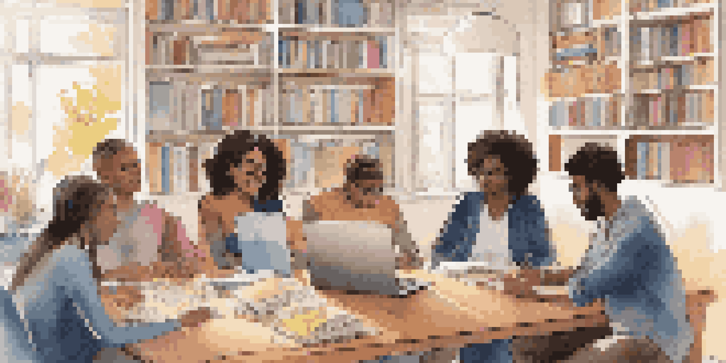 A diverse group of students engaged in a virtual study session, surrounded by books and notes, in a cozy room.
