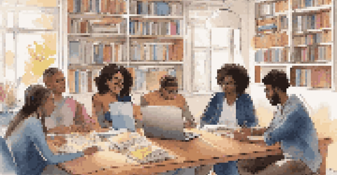 A diverse group of students engaged in a virtual study session, surrounded by books and notes, in a cozy room.