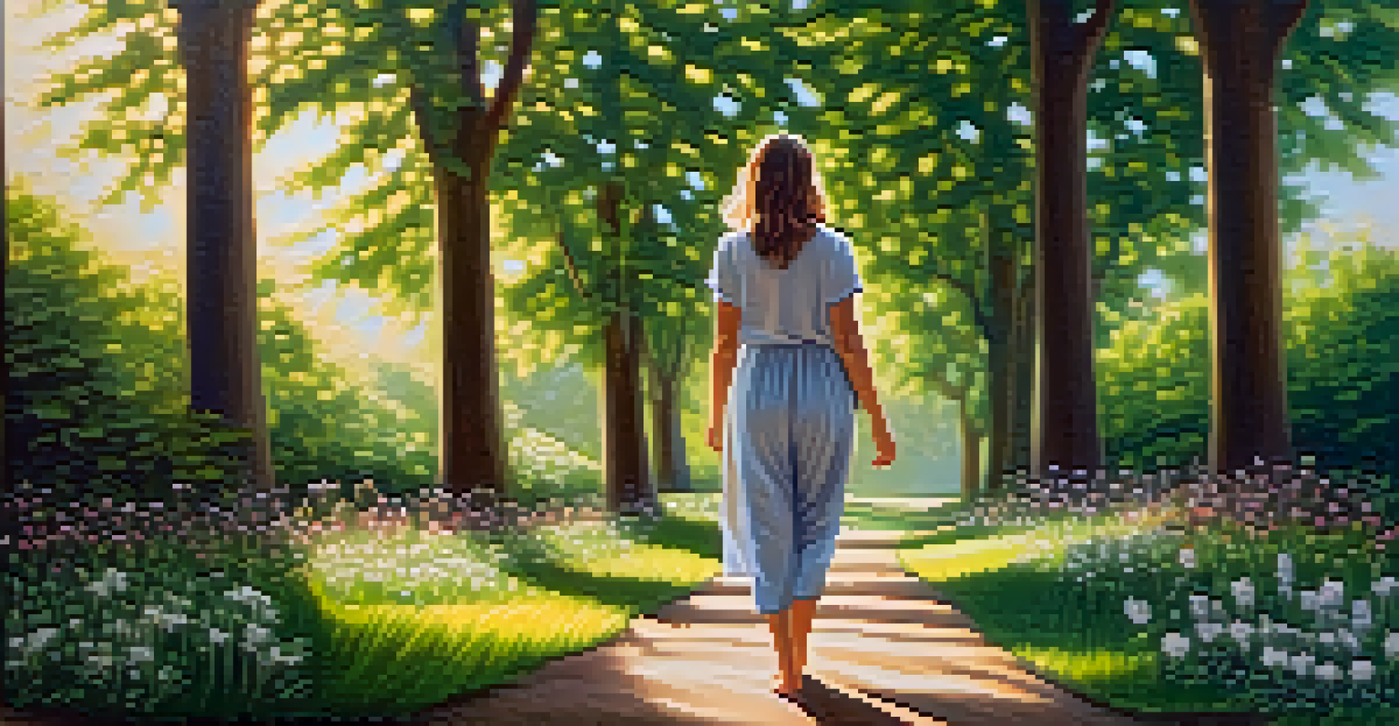 A woman walking mindfully in a park, barefoot on the grass, surrounded by flowers and sunlight filtering through the trees.