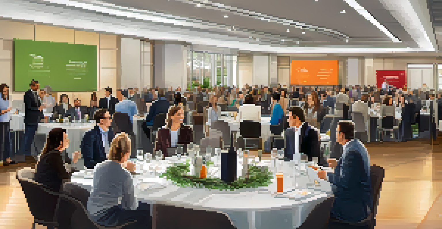 Professionals networking in a modern conference hall, engaging in conversations and exchanging ideas.