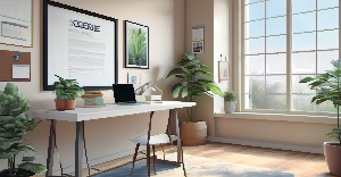 A bright and organized office space with a desk, laptop, notepad, coffee cup, and a plant, illuminated by natural light.