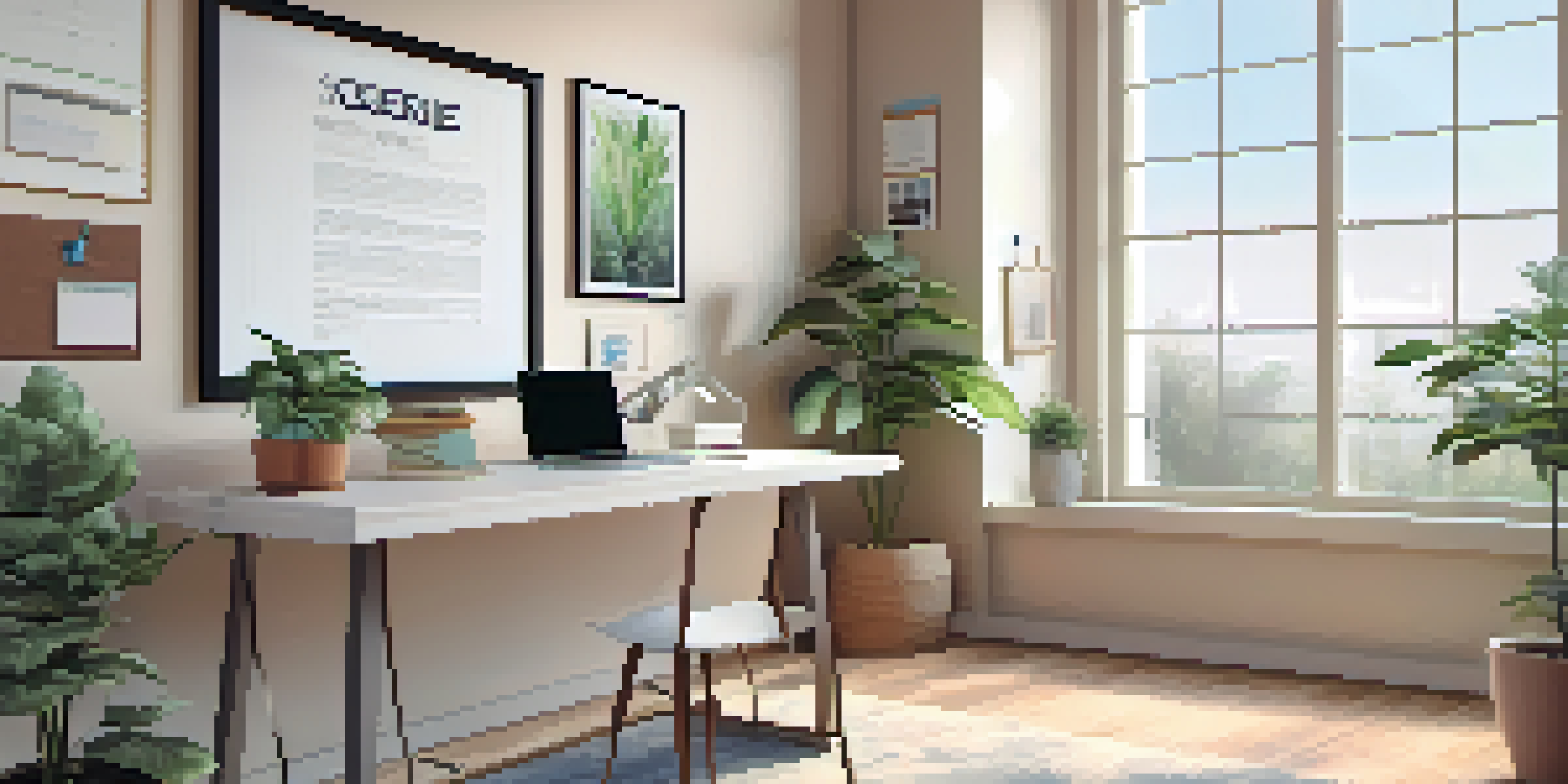 A bright and organized office space with a desk, laptop, notepad, coffee cup, and a plant, illuminated by natural light.
