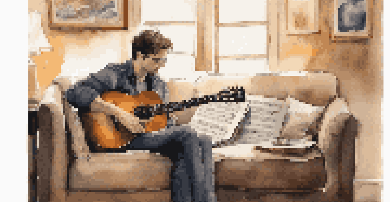 A musician playing guitar on a couch, surrounded by sheet music and a notebook, in a soft-lit intimate setting with musical icon photos on the walls.