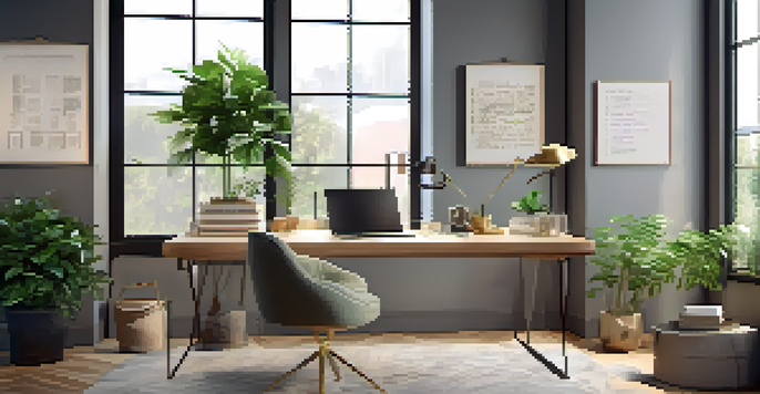 A bright office space filled with natural light, featuring a desk with a laptop and coffee cup, surrounded by plants and inspirational quotes.