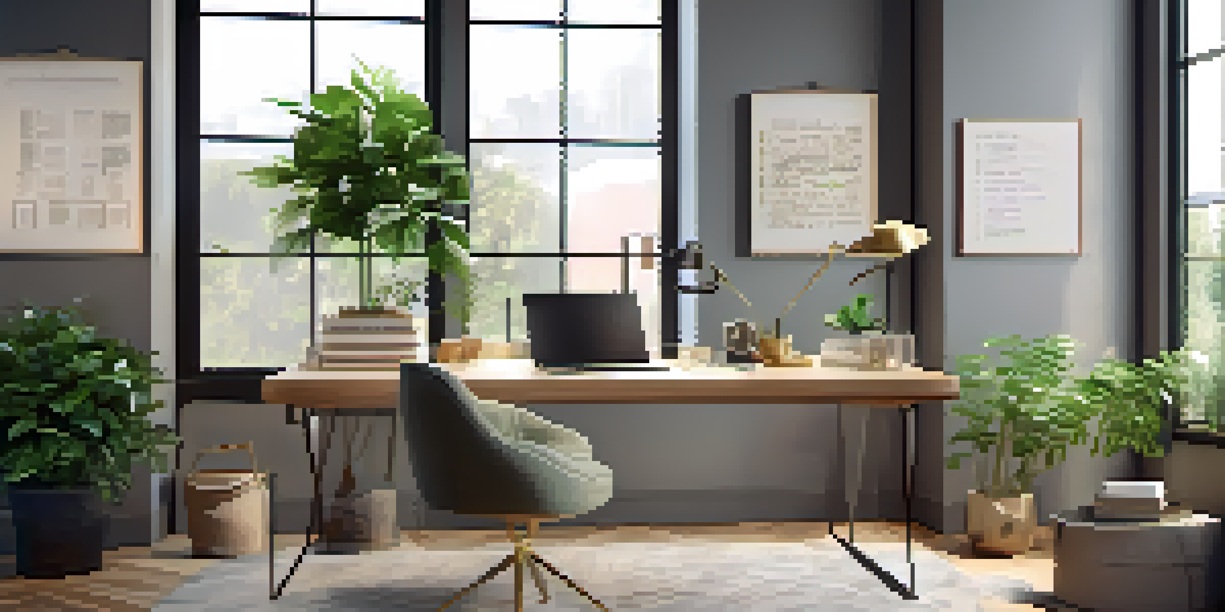 A bright office space filled with natural light, featuring a desk with a laptop and coffee cup, surrounded by plants and inspirational quotes.