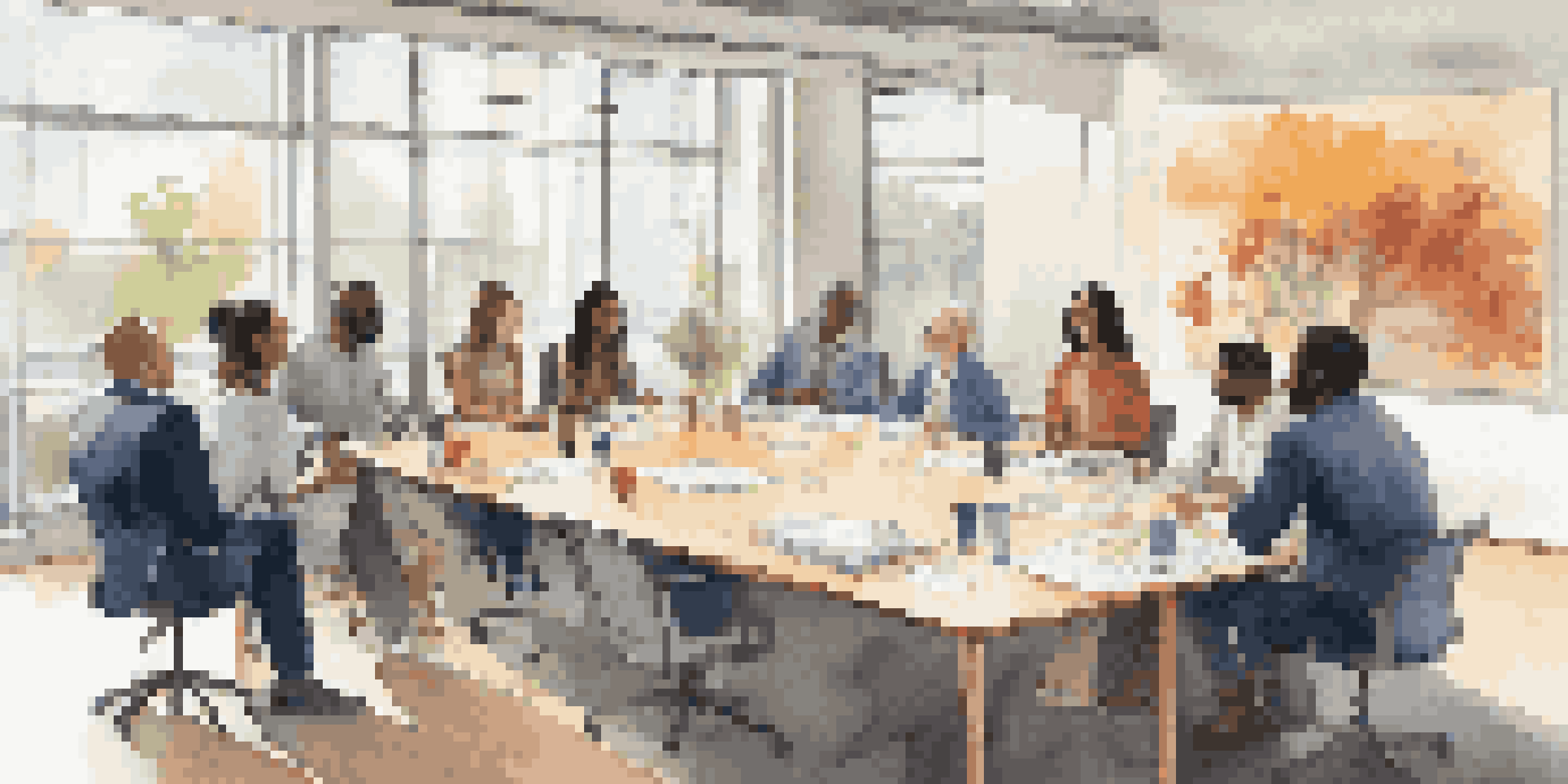 A diverse group of professionals in a collaborative meeting discussing ideas around a conference table.