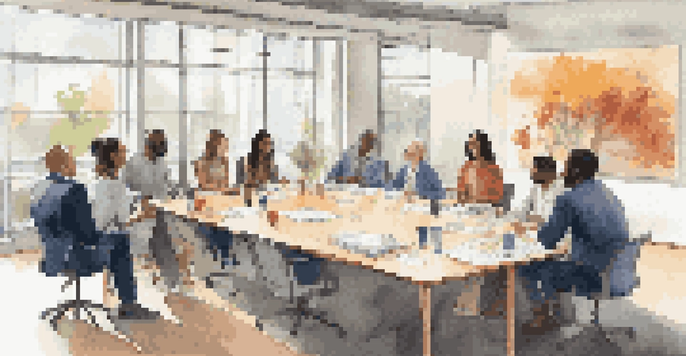 A diverse group of professionals in a collaborative meeting discussing ideas around a conference table.