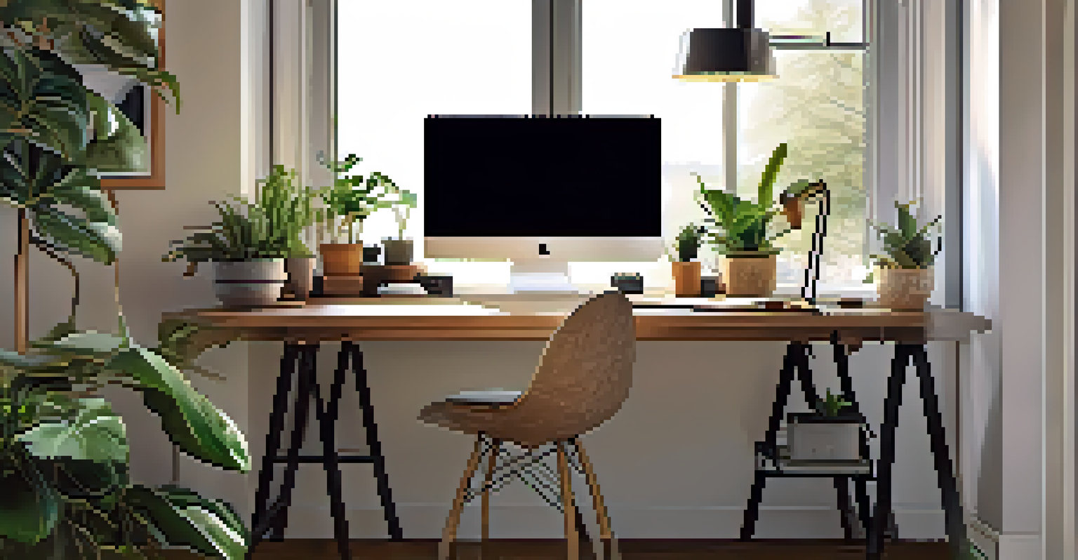 A cozy home office setup with a laptop and personal touches.