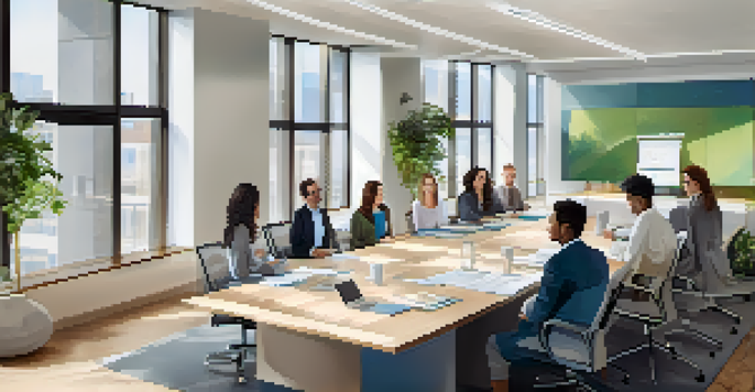 A diverse group of employees in a bright office discussing employee benefits around a conference table.