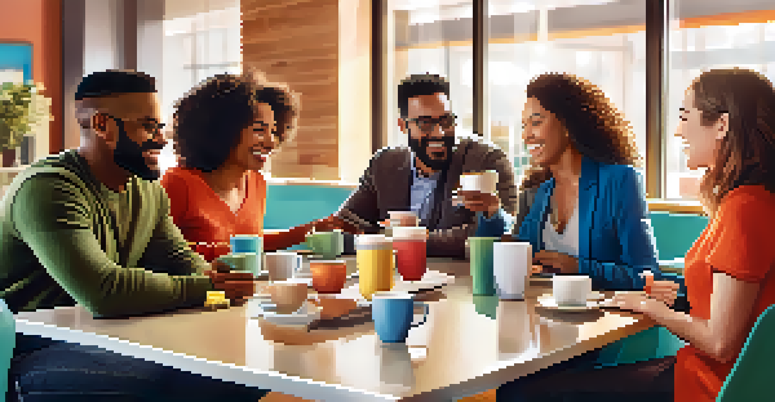 A diverse group of colleagues sharing a coffee break in a bright and modern break room, laughing and conversing.