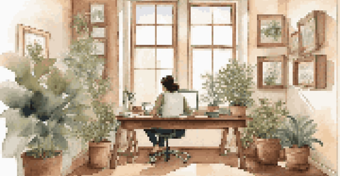 A person writing in a journal at a desk in a cozy office space filled with plants and motivational quotes, illuminated by natural light from a large window.