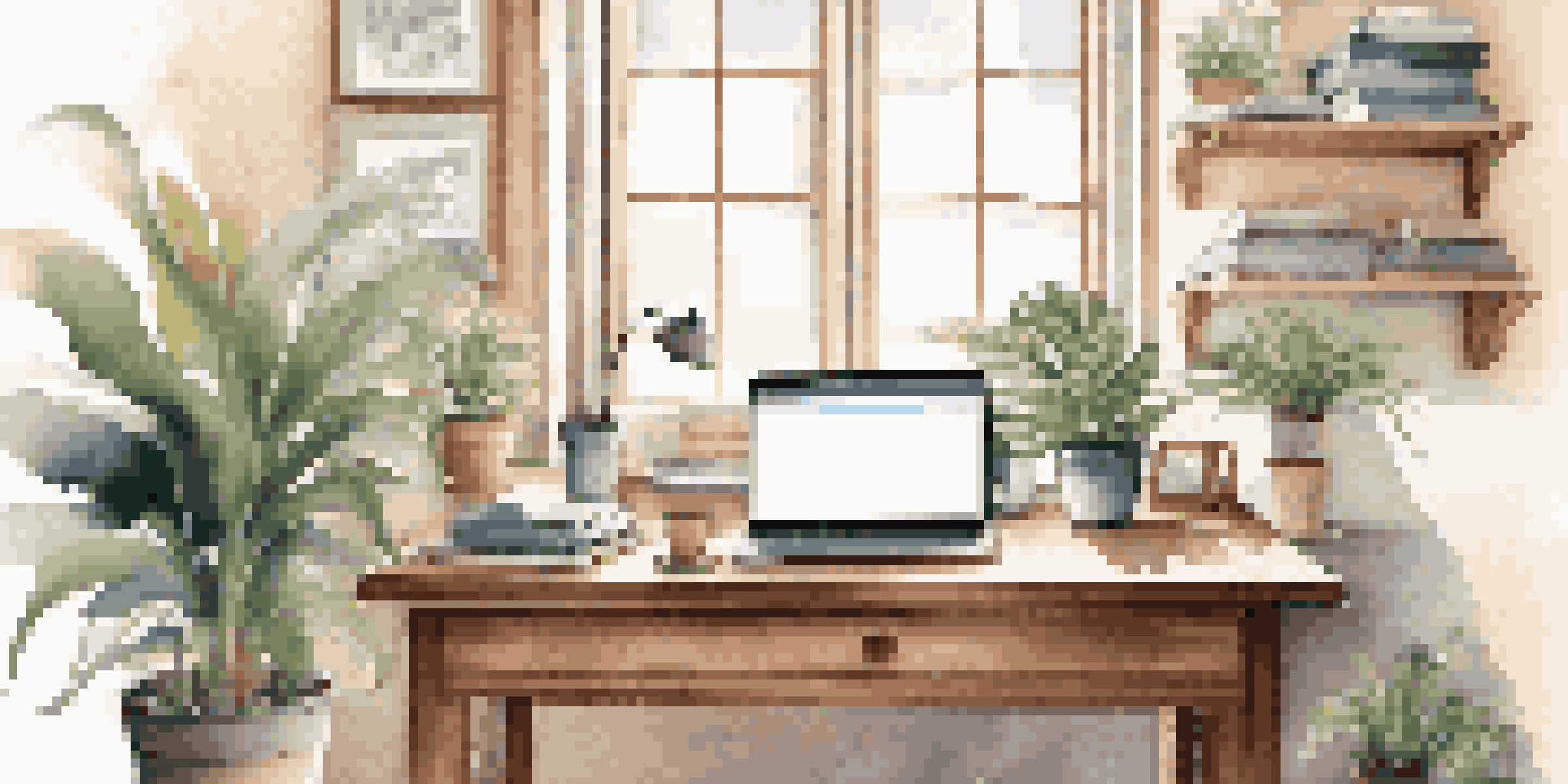 A cozy workspace with a wooden desk, laptop, plants, and a coffee cup, illuminated by soft natural light.
