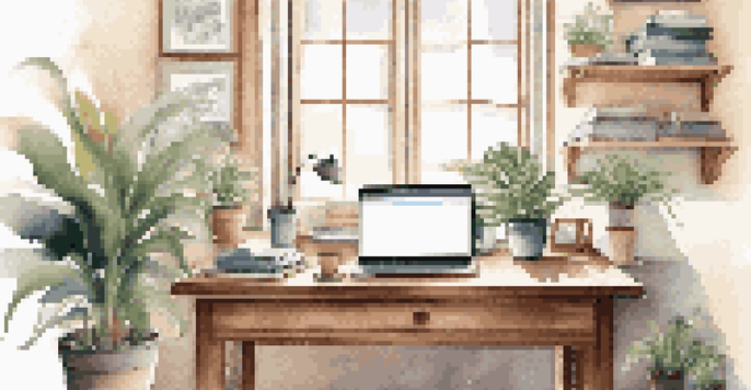 A cozy workspace with a wooden desk, laptop, plants, and a coffee cup, illuminated by soft natural light.