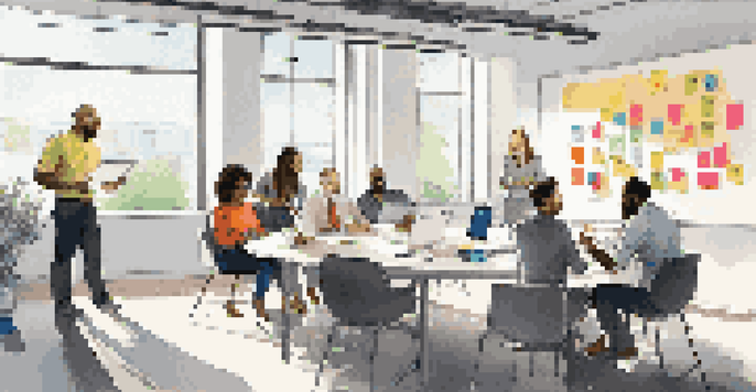 A diverse group of employees in a bright office brainstorming ideas at a large table with a whiteboard full of sticky notes.