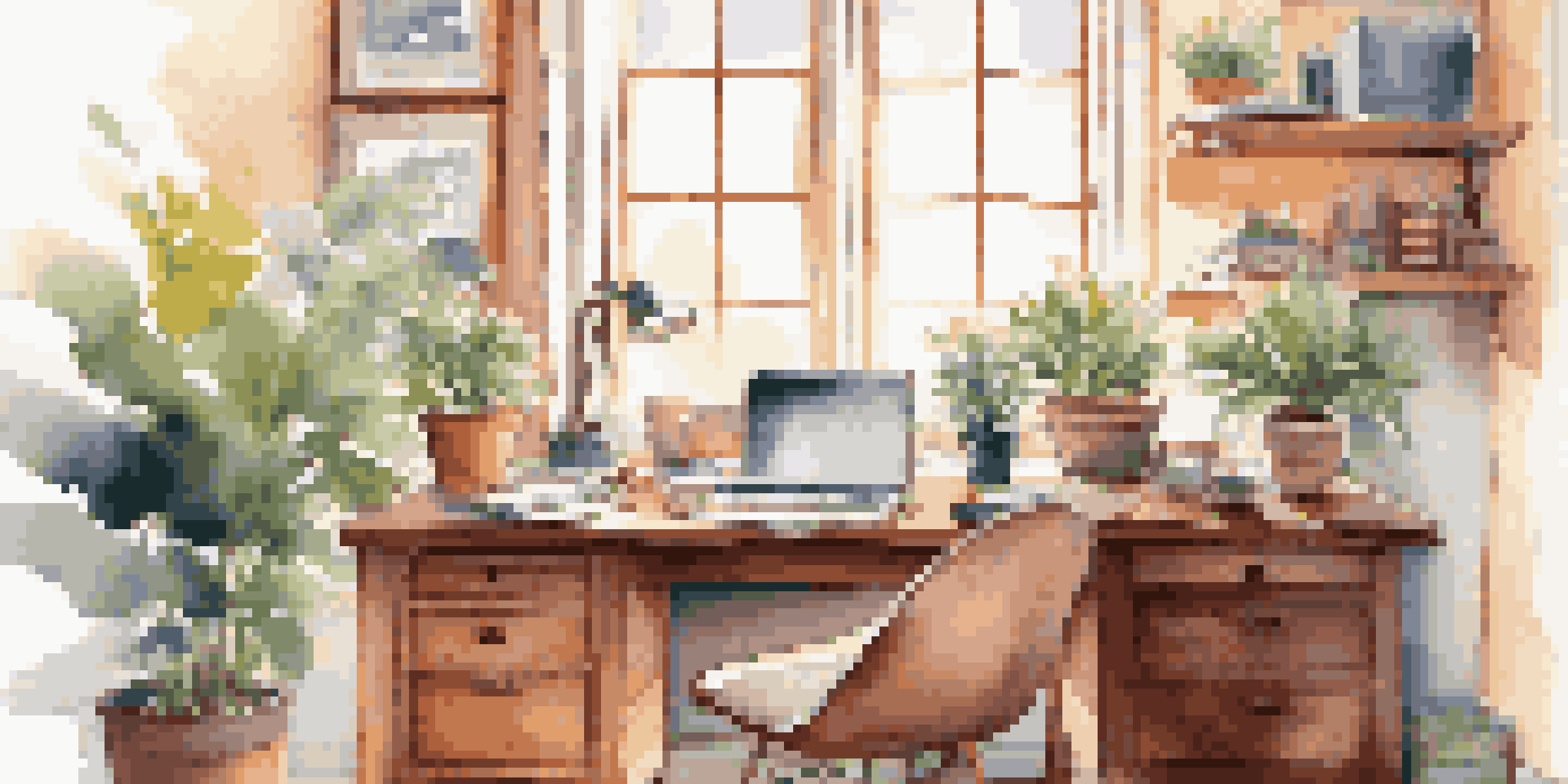 A cozy home office with a wooden desk, a laptop, a coffee mug, and sunlight streaming through a window.