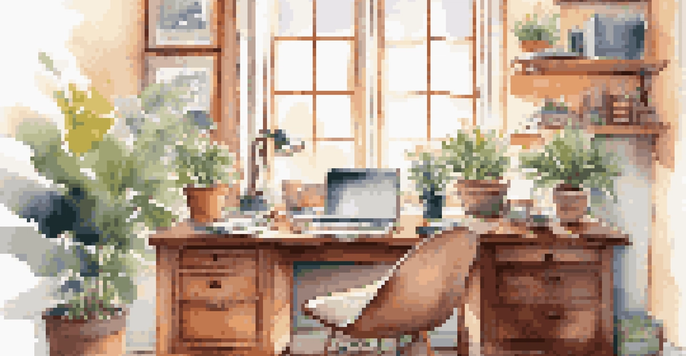 A cozy home office with a wooden desk, a laptop, a coffee mug, and sunlight streaming through a window.