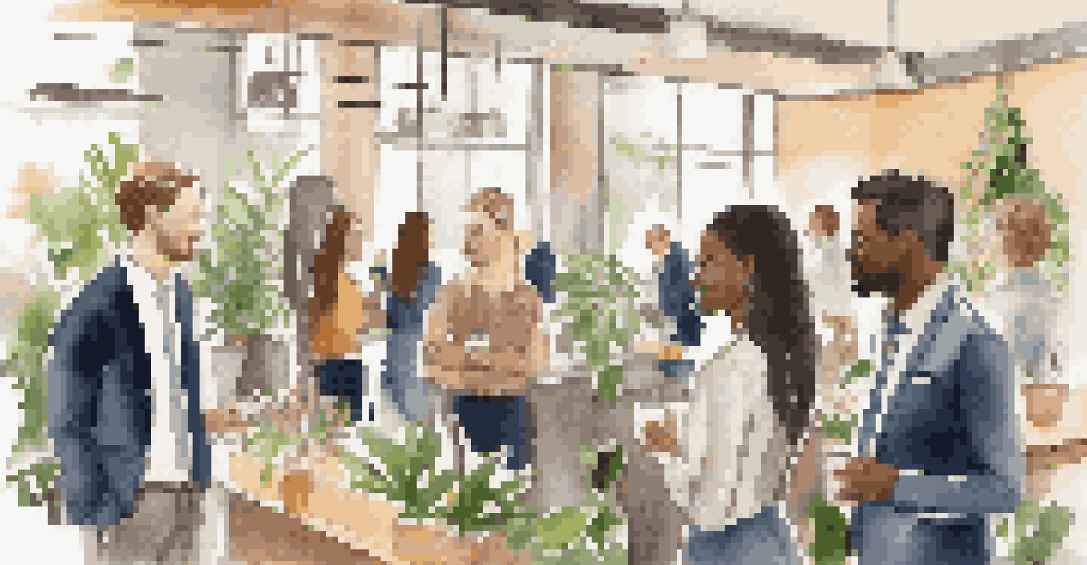 A diverse group of young professionals networking at a casual event, standing in clusters and sharing ideas in a modern setting.