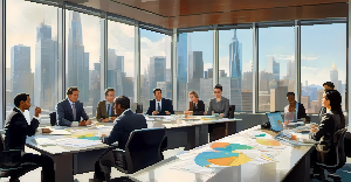 A diverse group of professionals in business attire discussing around a conference table in a well-lit urban office with a city skyline view.