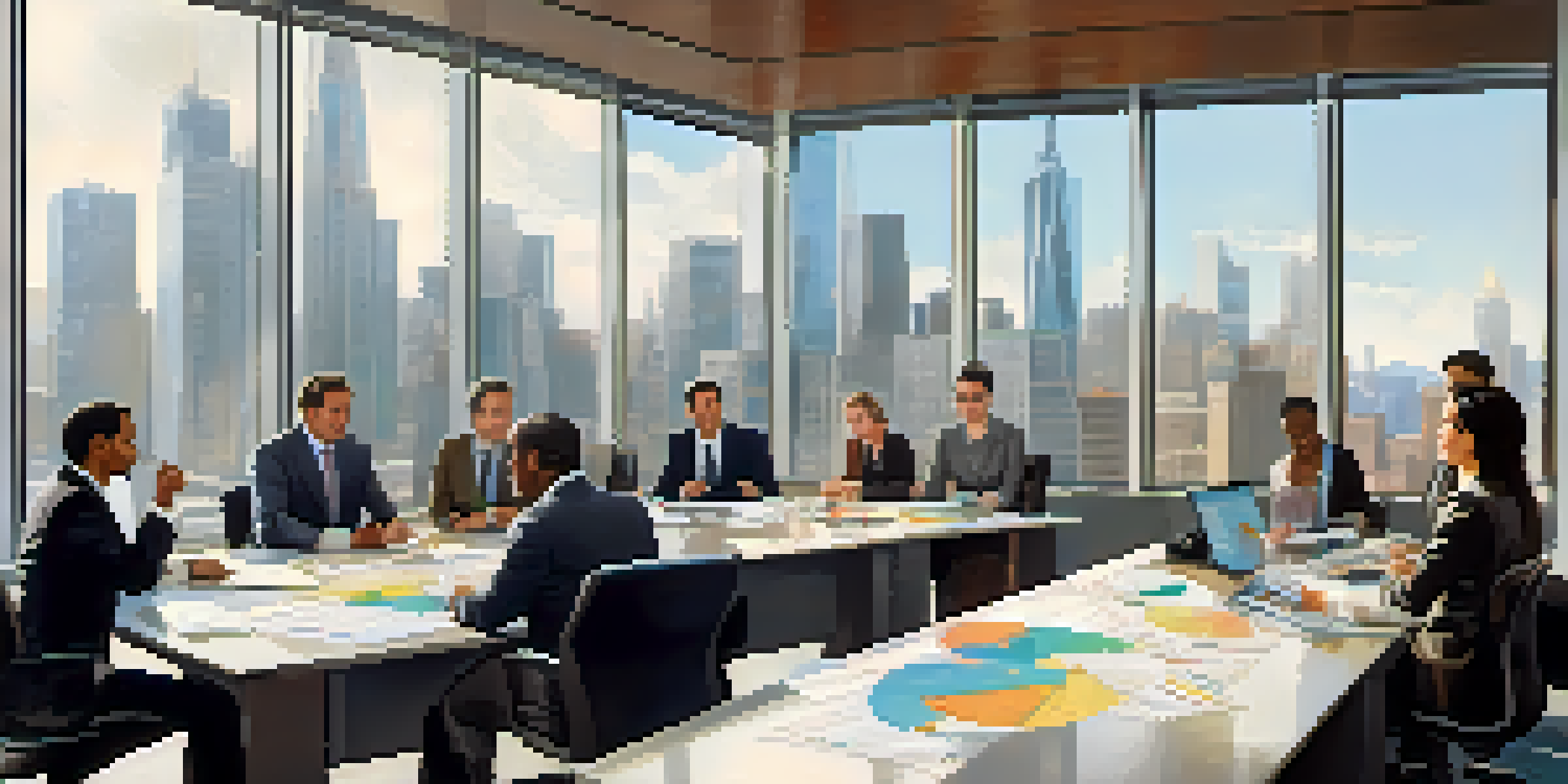 A diverse group of professionals in business attire discussing around a conference table in a well-lit urban office with a city skyline view.