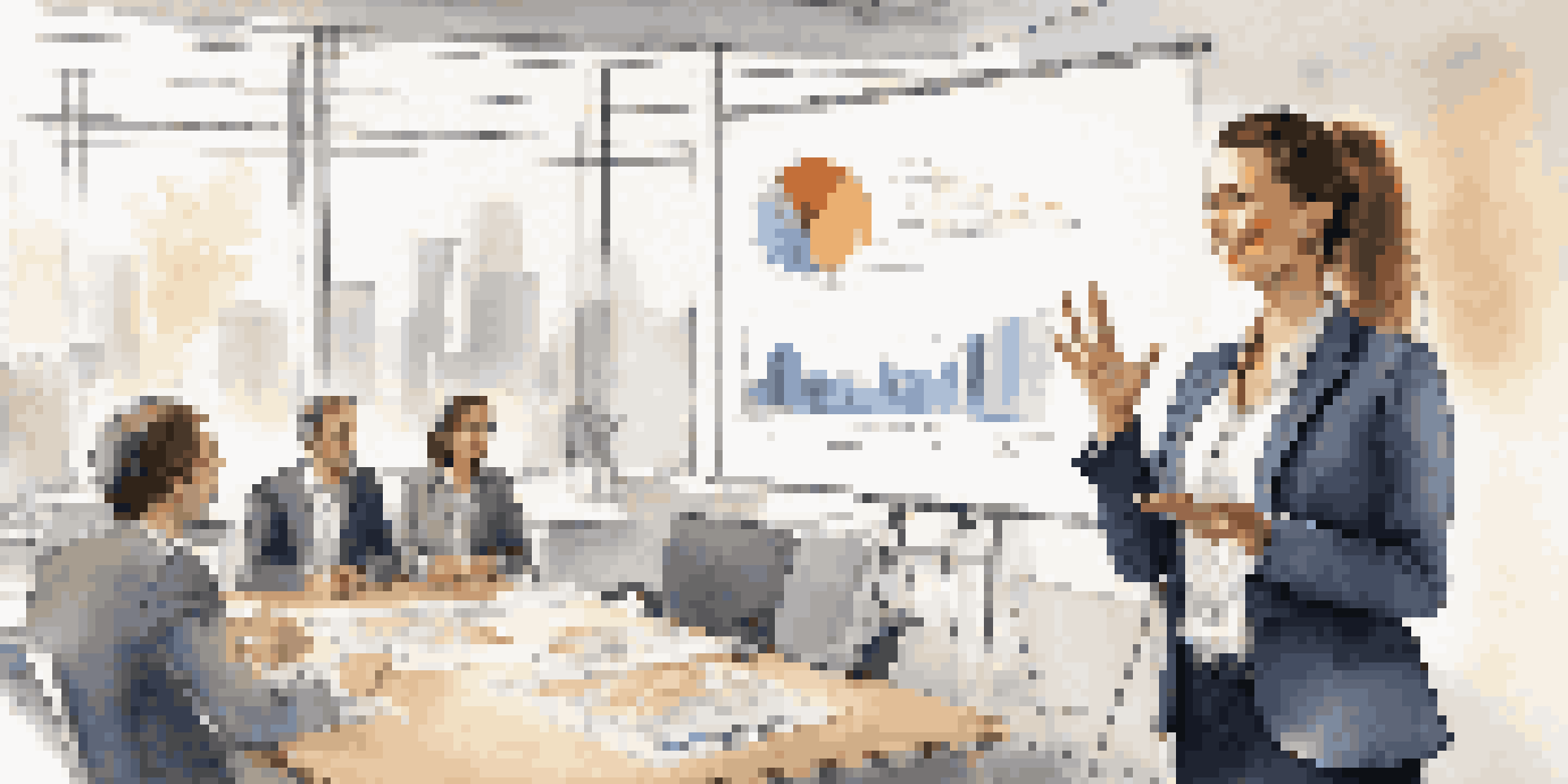 A confident young woman presenting in an office, with colleagues listening and a projector showing graphs.