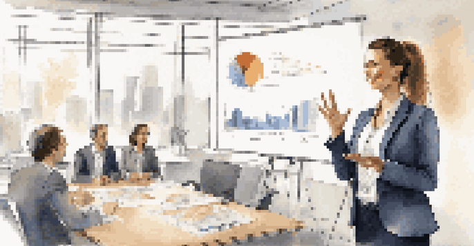 A confident young woman presenting in an office, with colleagues listening and a projector showing graphs.