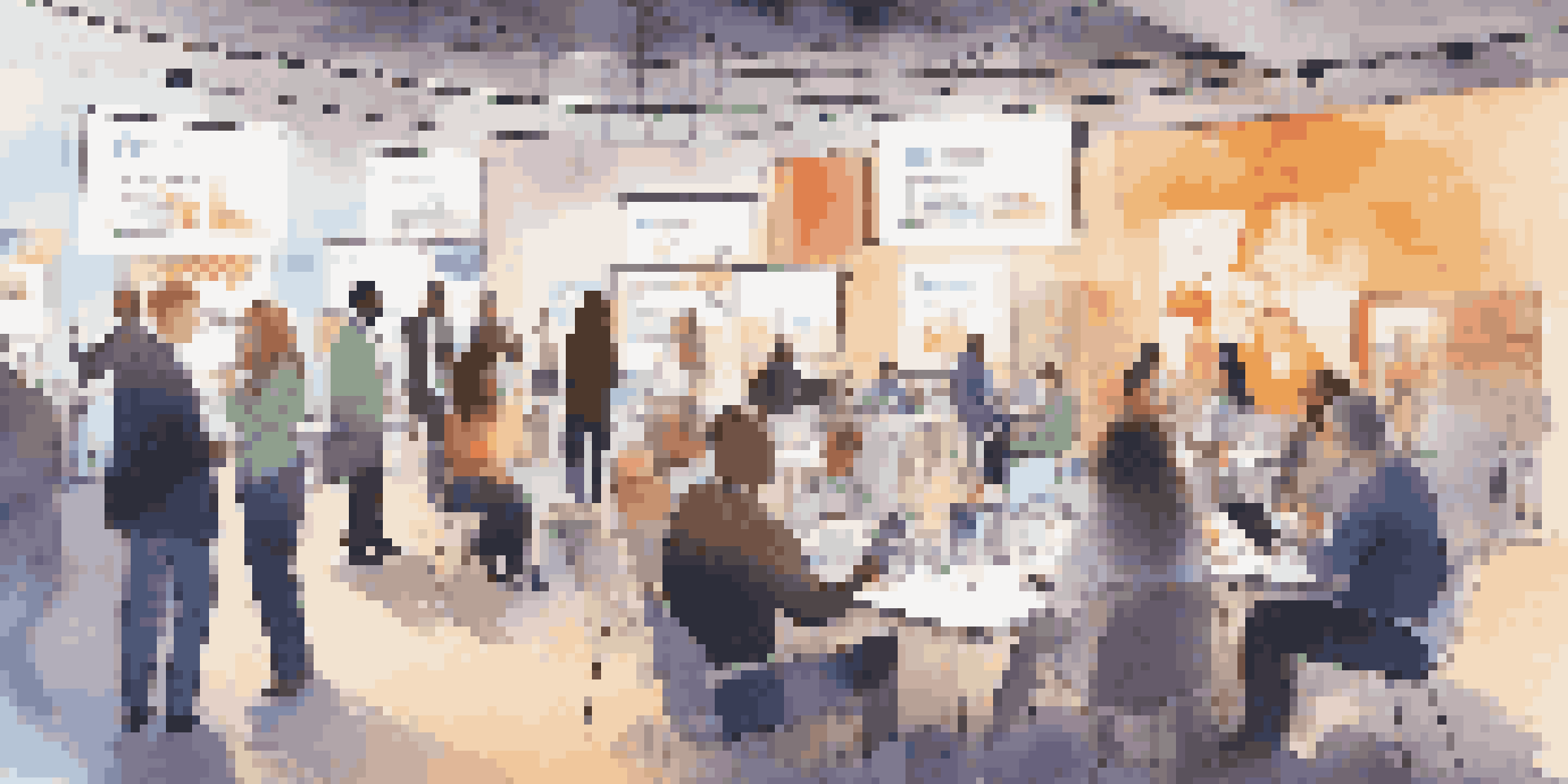 A vibrant digital networking event with professionals engaging in discussions and exchanging ideas.