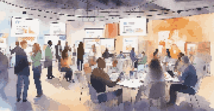 A vibrant digital networking event with professionals engaging in discussions and exchanging ideas.