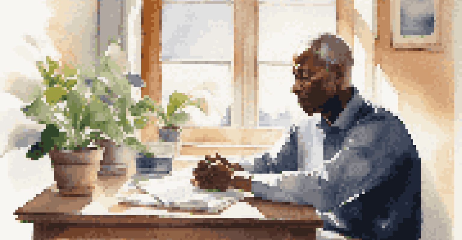 An older Black man sitting at his desk with eyes closed, practicing mindfulness in a tranquil office setting.