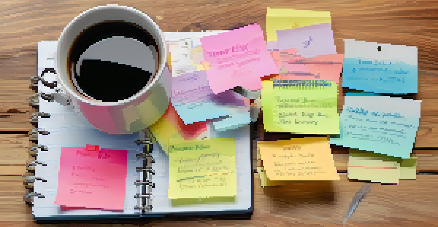 A close-up of a planner with colorful sticky notes and written goals on a wooden desk, with a clock and steaming mug of tea in soft focus in the background.