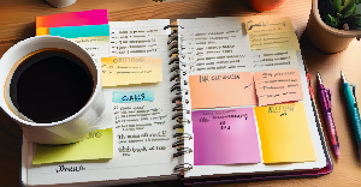 A hand writing goals in a planner with colorful pens and a coffee mug beside it.
