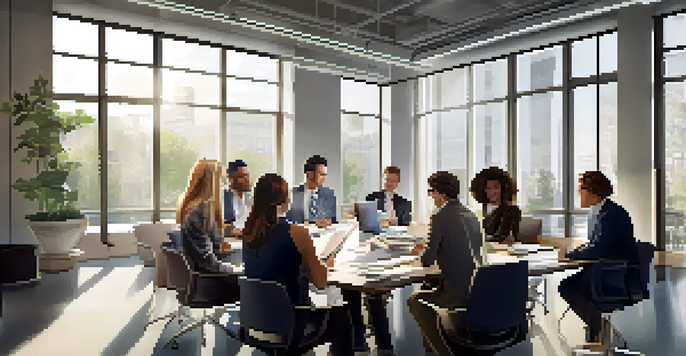 A diverse group of employees in a bright office discussing together at a large table with laptops and documents.