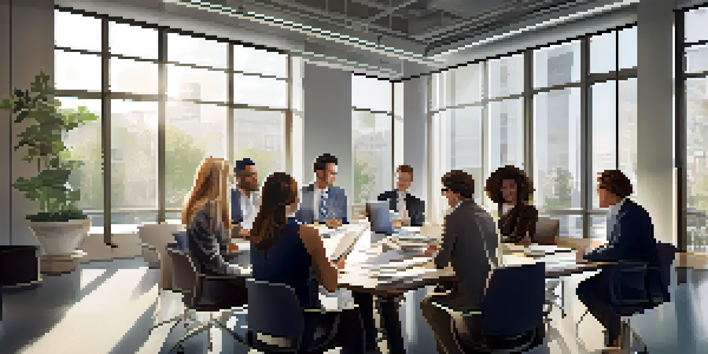 A diverse group of employees in a bright office discussing together at a large table with laptops and documents.