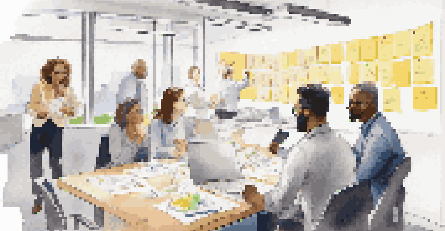 A diverse group of colleagues brainstorming at a conference table with sticky notes and a whiteboard.