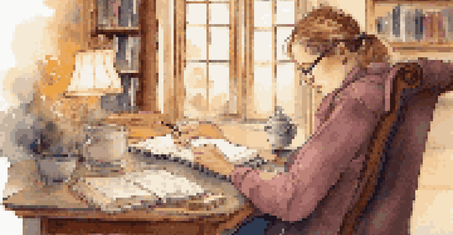 A person journaling their thoughts with a cup of tea beside them in a cozy, warmly lit setting.