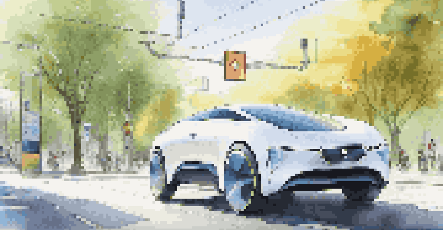 A futuristic autonomous vehicle on a smart road with sensors and digital traffic signals.