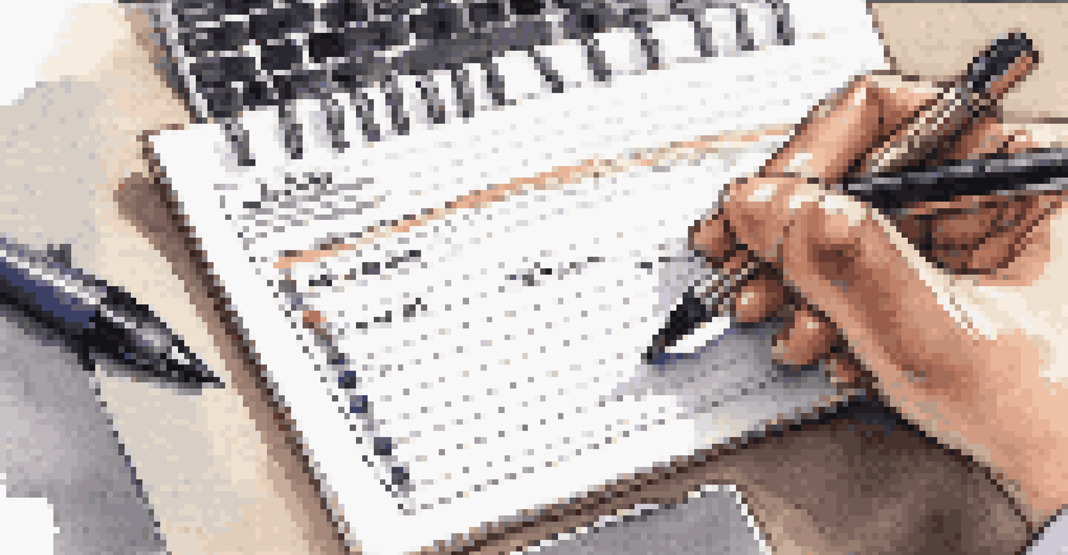 A close-up view of a hand writing on a notepad during a meeting, with a laptop and coffee cup in the background, showcasing organized notes and action items.