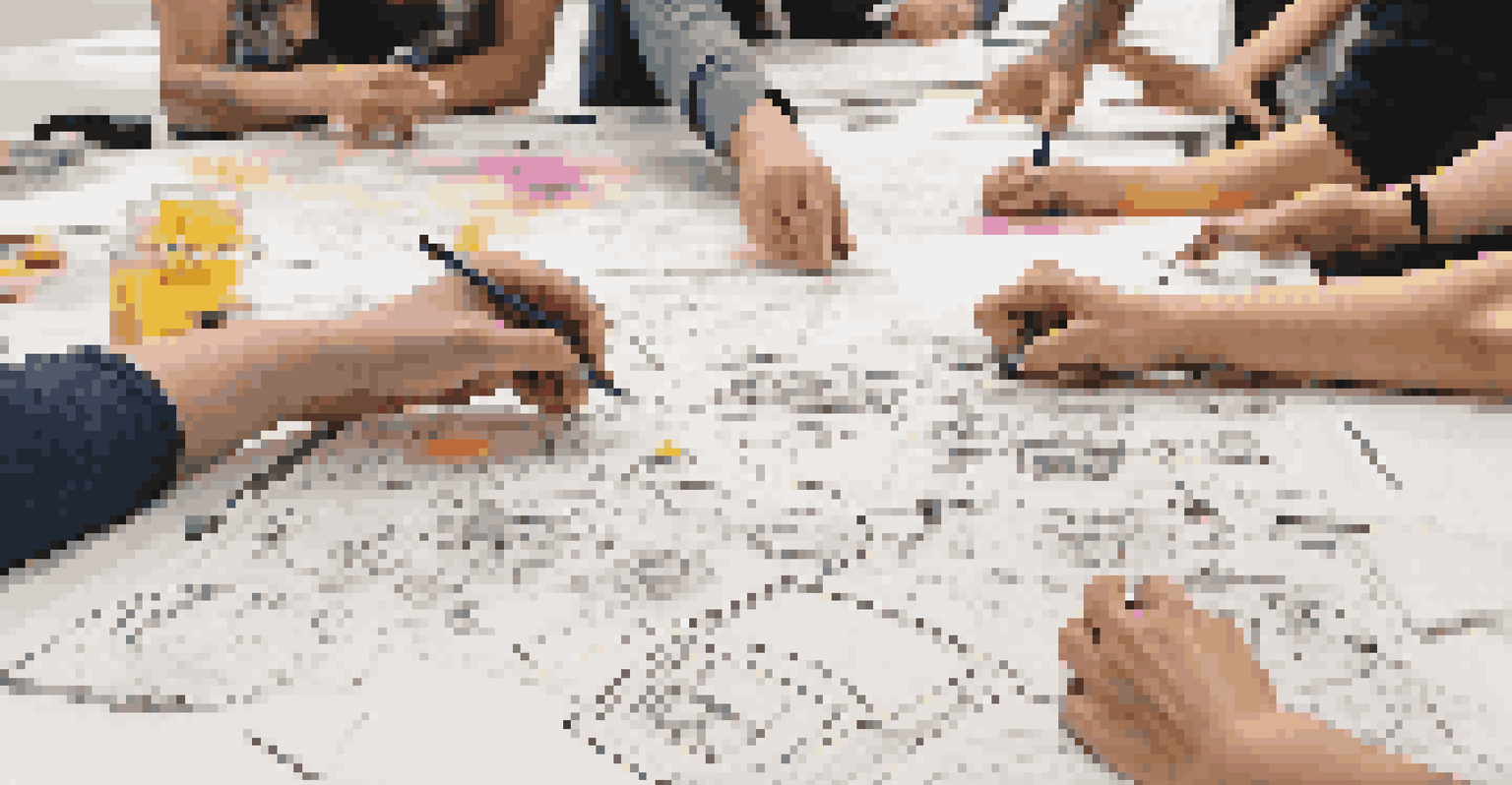 Participants in a design thinking workshop sketching ideas and discussing around a table filled with creative tools.