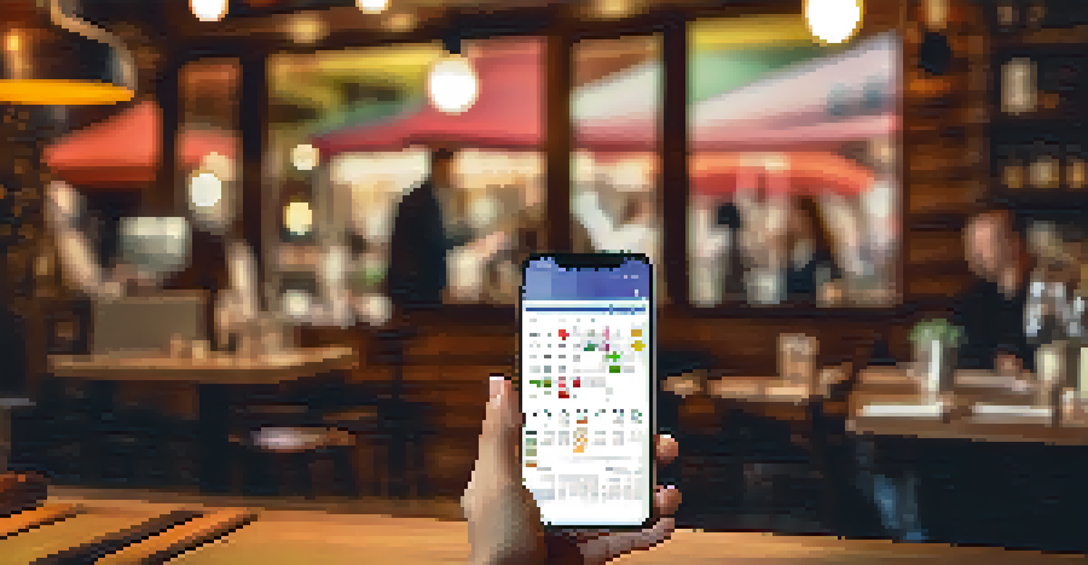 A close-up of a hand using a smartphone with a time management app in a cozy café, with a colorful calendar and blurred people in the background.