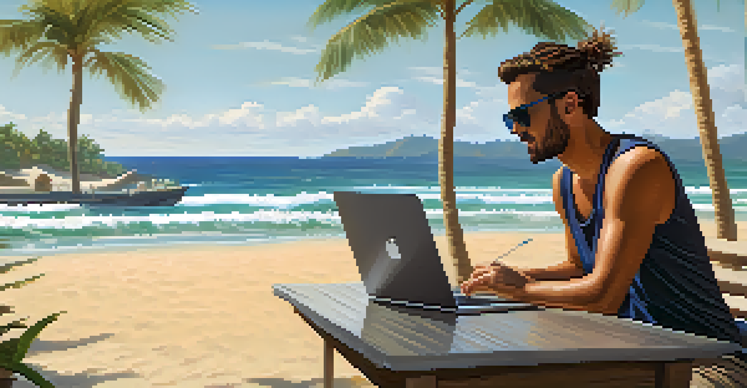 A freelancer working on a laptop at a beach resort with the ocean in the background, surrounded by palm trees and a coffee cup.